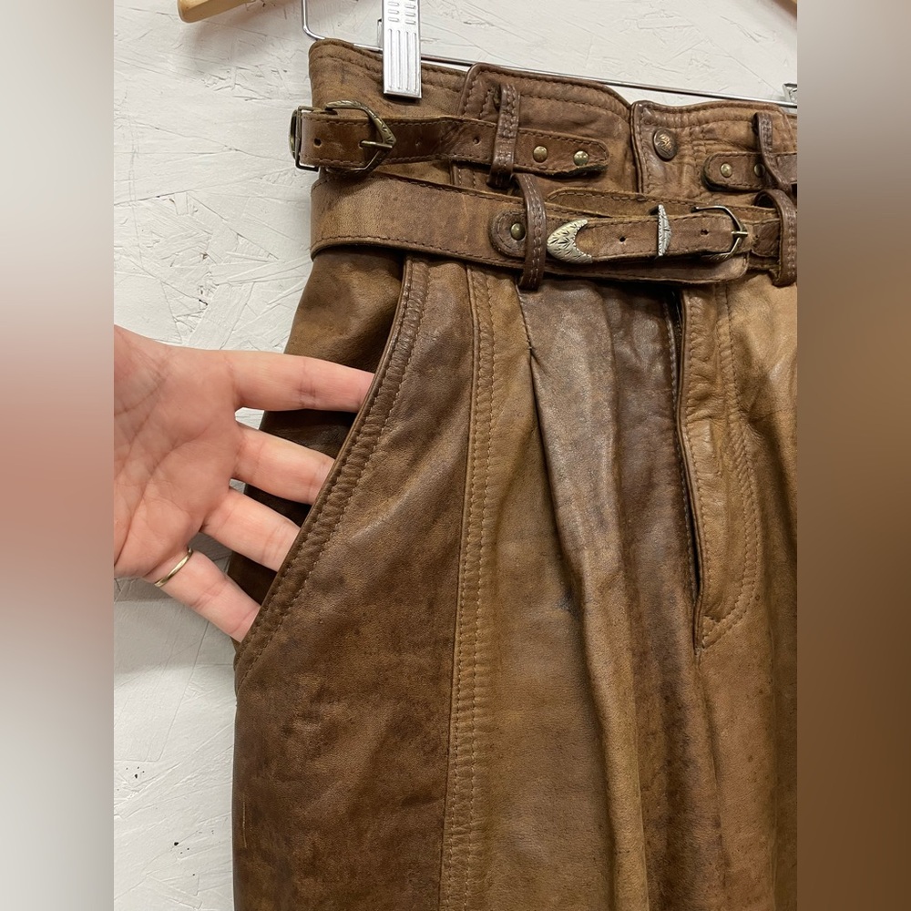 Rare Vintage 80s The Leather Ranch Western Pleated Brown Leather Pants, 00